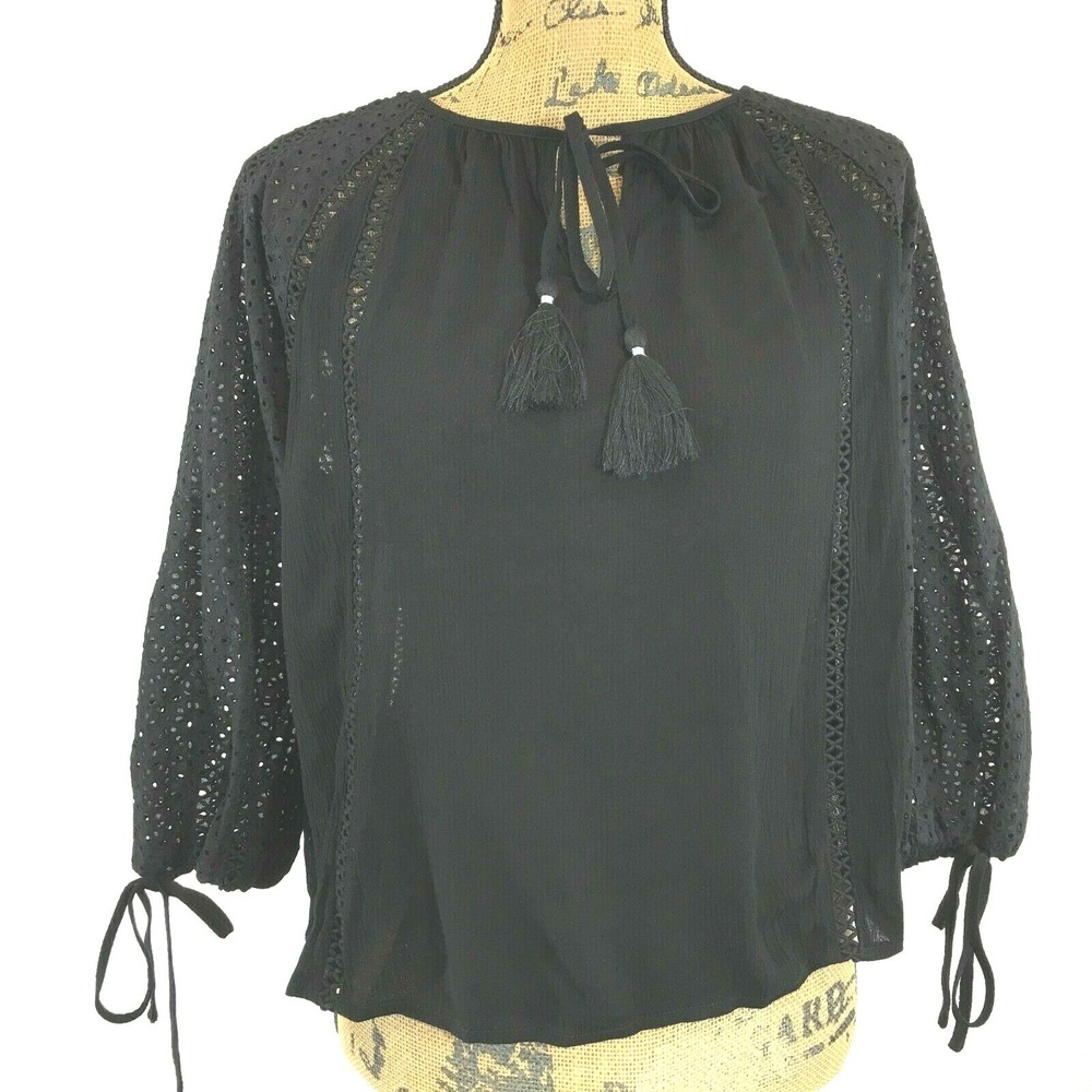 NWT Lost + Wonder Top SMALL Black Neiman Marcus Eyelet Keyhole Tassel Peasant